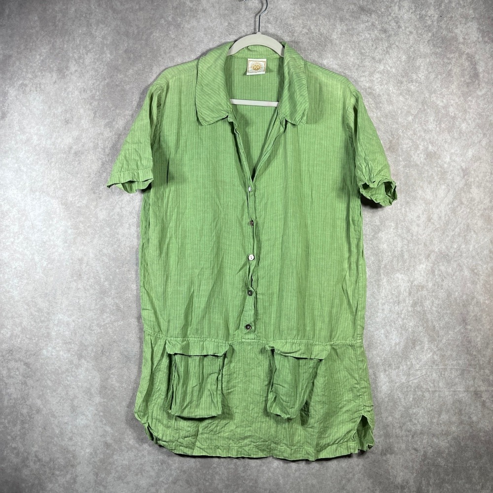 Tom Tom Linen Mini Shirt Dress Womens Size XS Green Button Up Short Sleeves